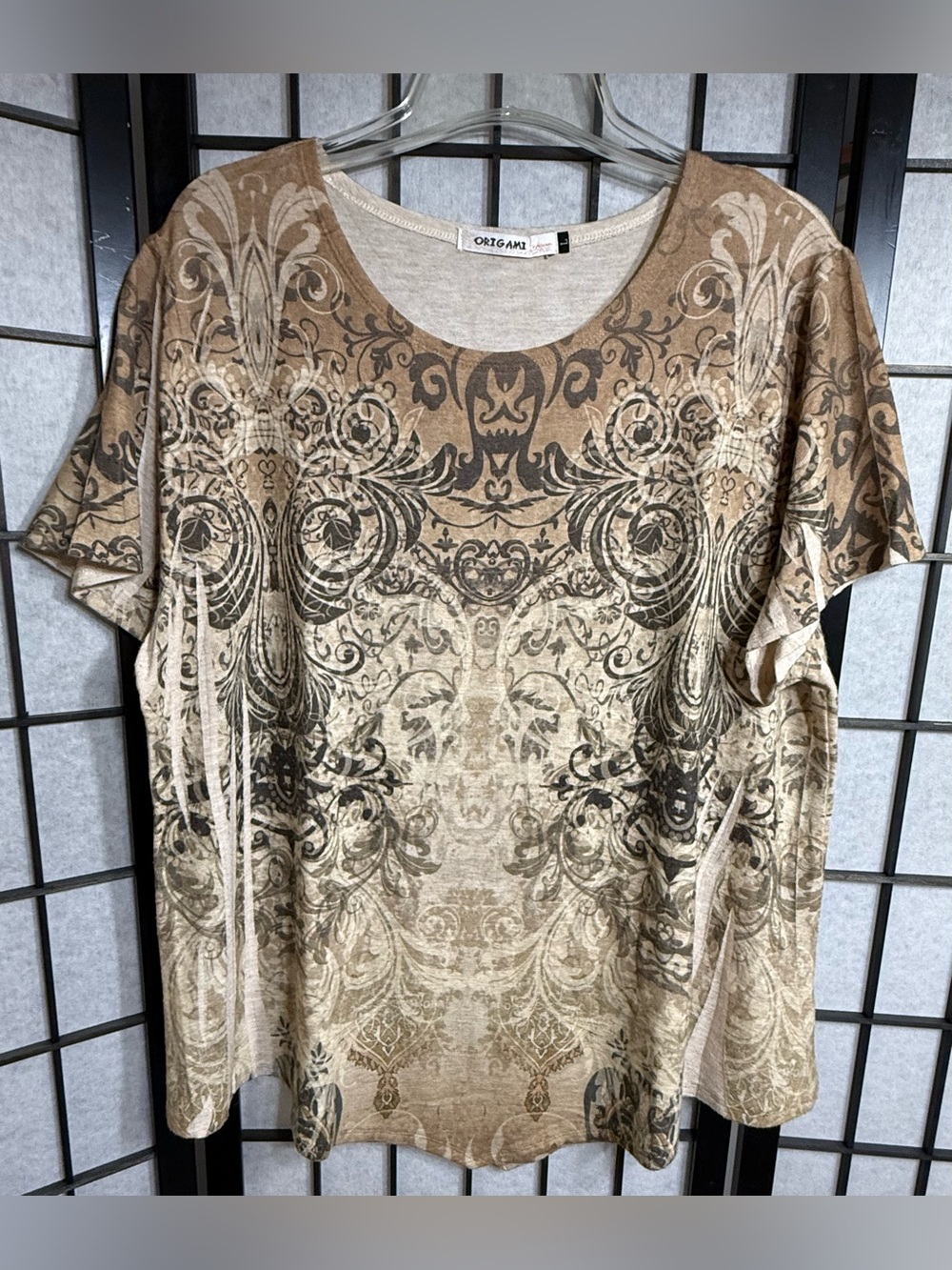 Origami by Vivien Tan Abstract Art Knit Pullover Blouse Earth Tones Size Large